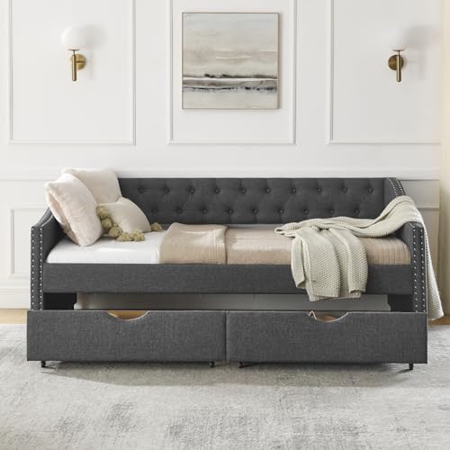 Queen Size Daybed Frame with 2 Storage Drawers, Upholstered Sofa Bed, No Box Spring Needed Q78170
