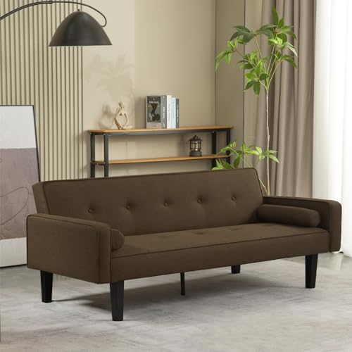 Futon Sofa Bed with Armrests, Folding Sleeper Couch, Solid Wood Legs, Light Grey L24965