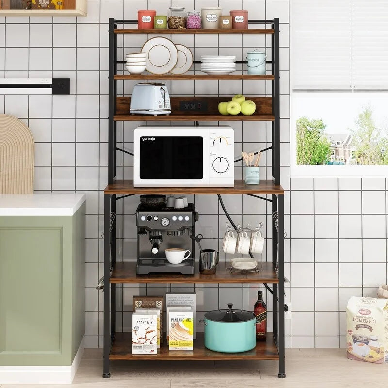 6 Layers Vintage Kitchen Baker's Rack with 10 S Hooks and Outlets