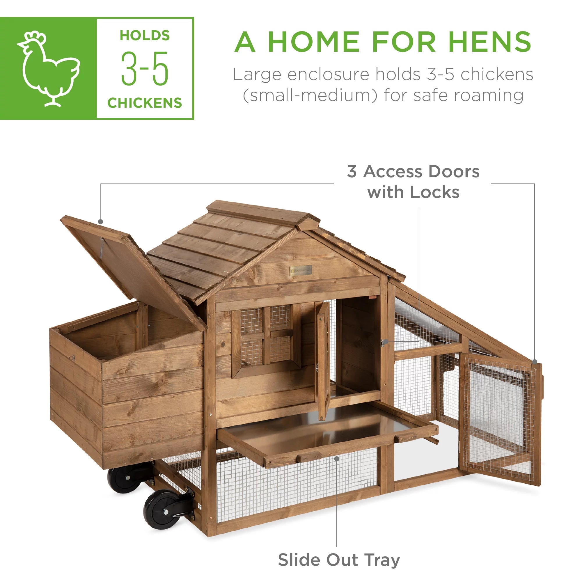 70in Fir Wood Chicken Coop Tractor Hen House with Wheels, 2 Doors, Nest Box P563183