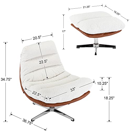 Accent Swivel Lounge Chair with Ottoman, Linen Upholstered, Ivory M878449