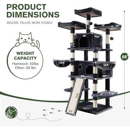 68 Inch Multi-Level Cat Tree for Large Cats with Condo and Scratching Posts E343217