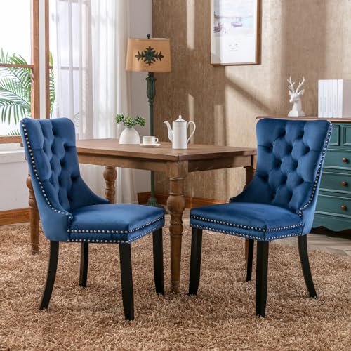 TRIPLE TREE Nikki Collection Dining Chairs Set of 2, Velvet Counter Chair with Chrome Nailhead Trim Back and Solid Wood Legs, Upholstered High-end Tufted Study Chair for Dining Room, Bedroom, Green