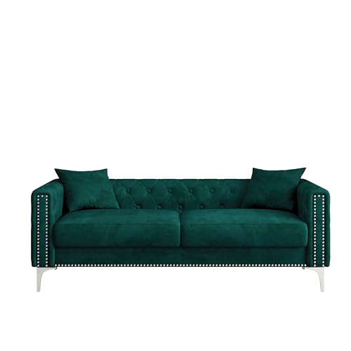 Velvet Upholstered 3-Seater Sofa Couch with Nailhead Decor, Blue O2153