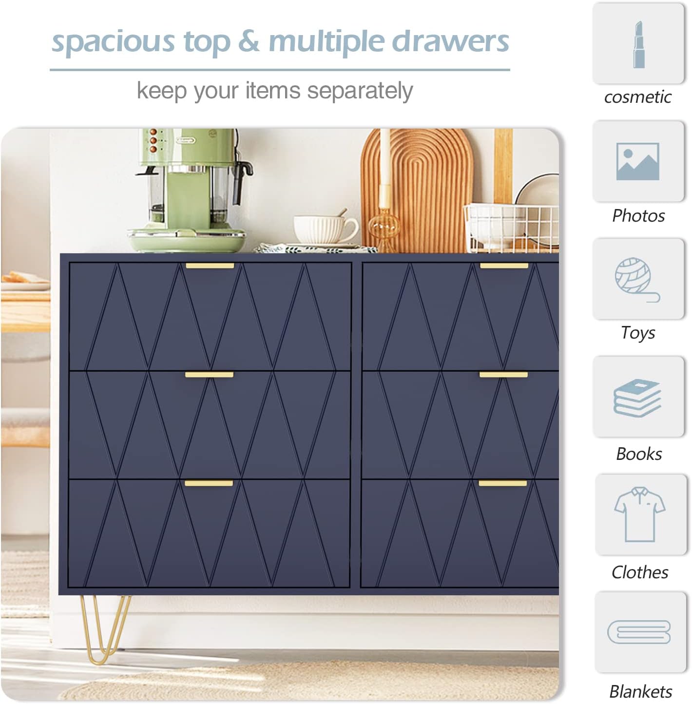 Navy Blue 6 Drawer Dresser for Bedroom with Gold Handles L6720