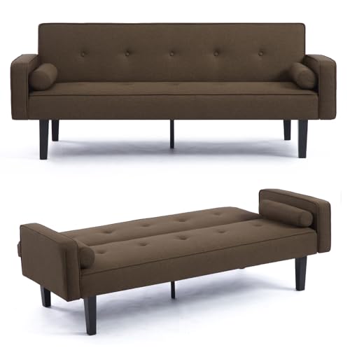 Futon Sofa Bed, Convertible Couch Bed with Armrests, Modern Living Room Linen Sofa Bed, Folding Recliner Futon Couch Sleeper Set with Solid Wood Legs (Light Grey)