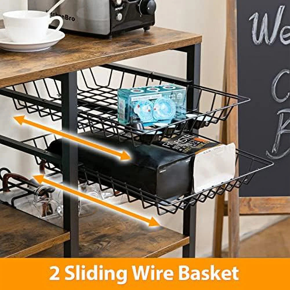 Kitchen Bakers Rack with Microwave Oven Stand, Wire Basket and 7 Hooks, Rustic Brown H5414
