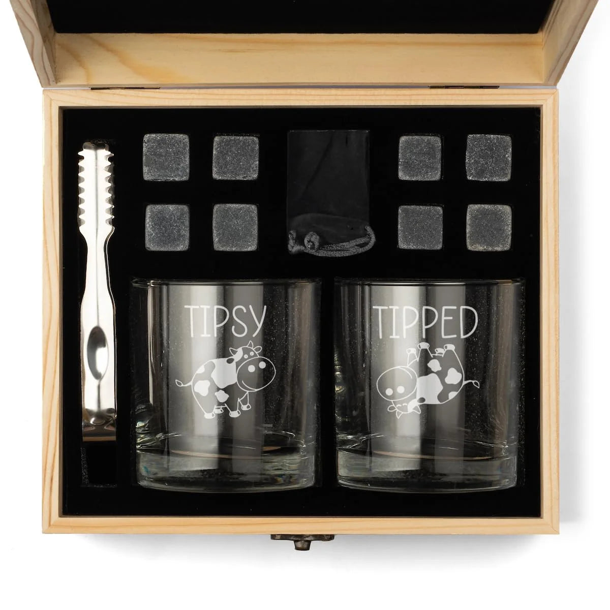 Whiskey Glass Gift Box Set with Whiskey Stones and 2 Rocks Glasses Set of 2 Tipsy Tipped Cow Funny