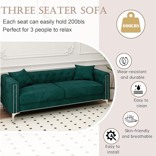 Velvet Upholstered 3-Seater Sofa Couch with Nailhead Decor, Blue O2153