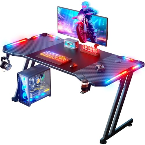 Gaming Desk with LED Lights Carbon Fibre Surface Computer Desk T641