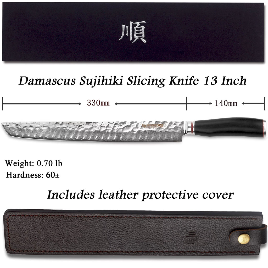 Sujihiki Knife 13 Inch - Japanese Damascus Steel Fillet Knife with Wood Handle and Leather Sheath U13692