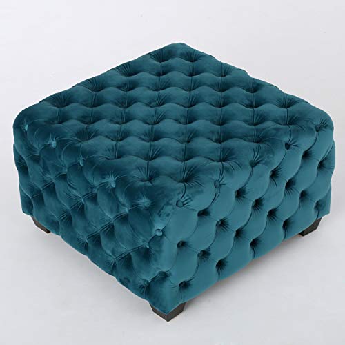 Button Tufted Velvet Ottoman, Dark Teal and Dark Brown B274106