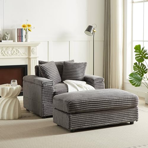 Corduroy Fabric Sofa Couch with 2 Ottomans, 86.6 Inch Width Oversize Loveseat, 3 Seater Comfy Cloud Couch for Living Room Bedroom Apartment-Grey