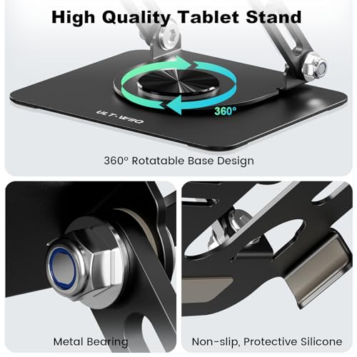 Adjustable Tablet Stand for Desk with 360 Rotating Base, Aluminum, Foldable, White S38174