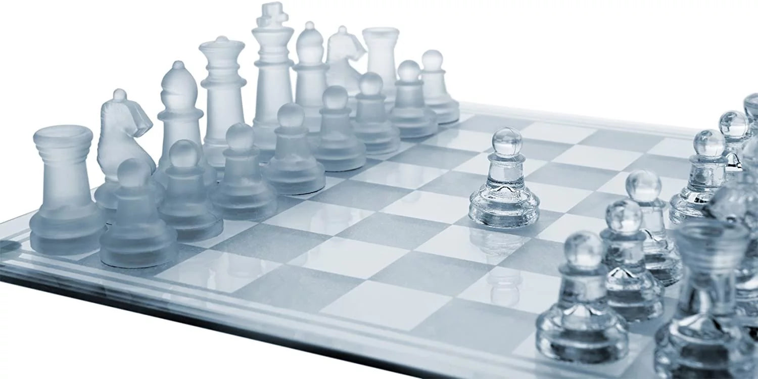 Gamie 12 inch Glass Chess Set, Elegant Design, 32 Frosted Clear Pieces