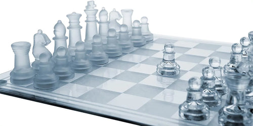 Gamie 12 inch Glass Chess Set, Elegant Design, 32 Frosted Clear Pieces
