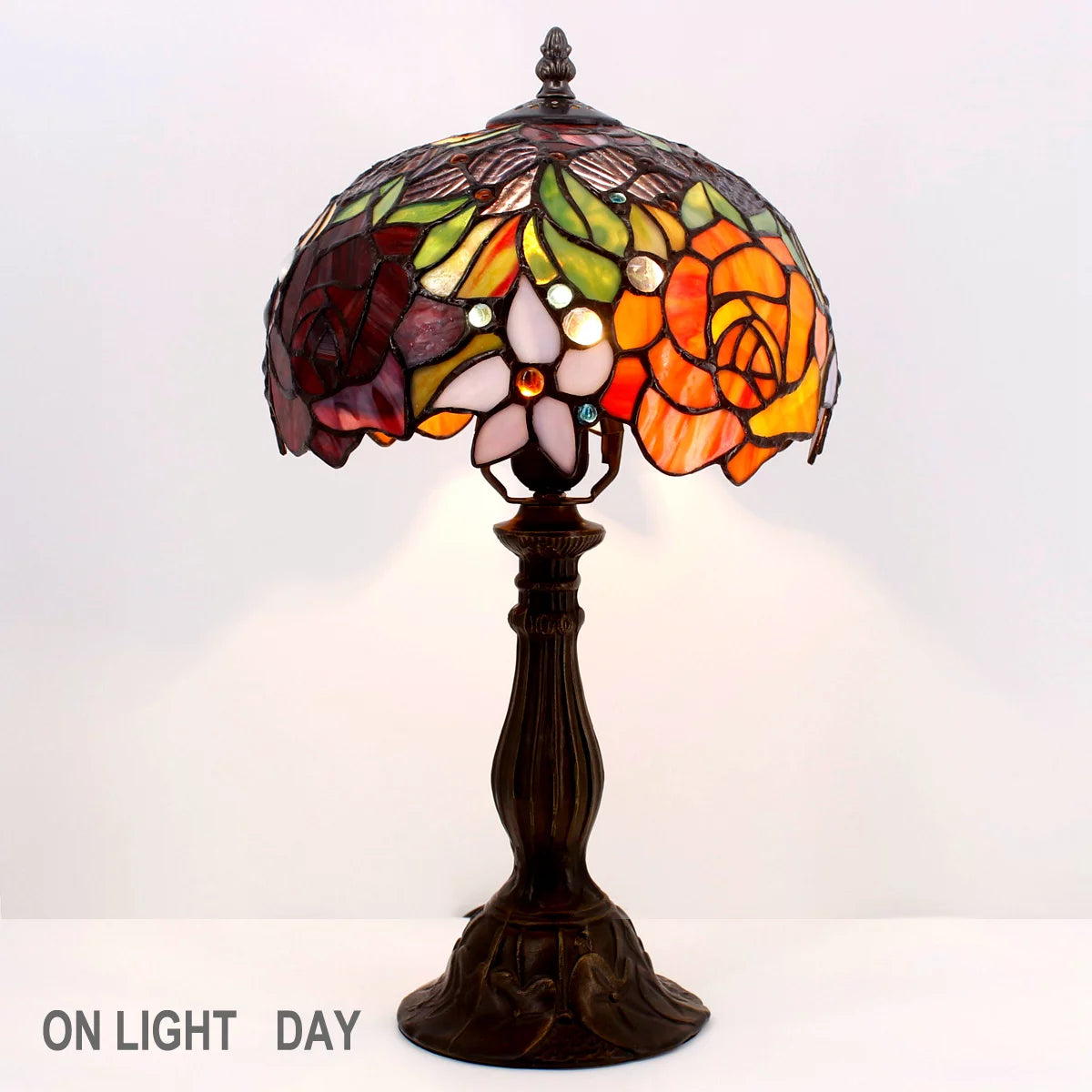 Stained Glass Table Lamp with Red Rose, 18" Tall Desk Reading Light M43378