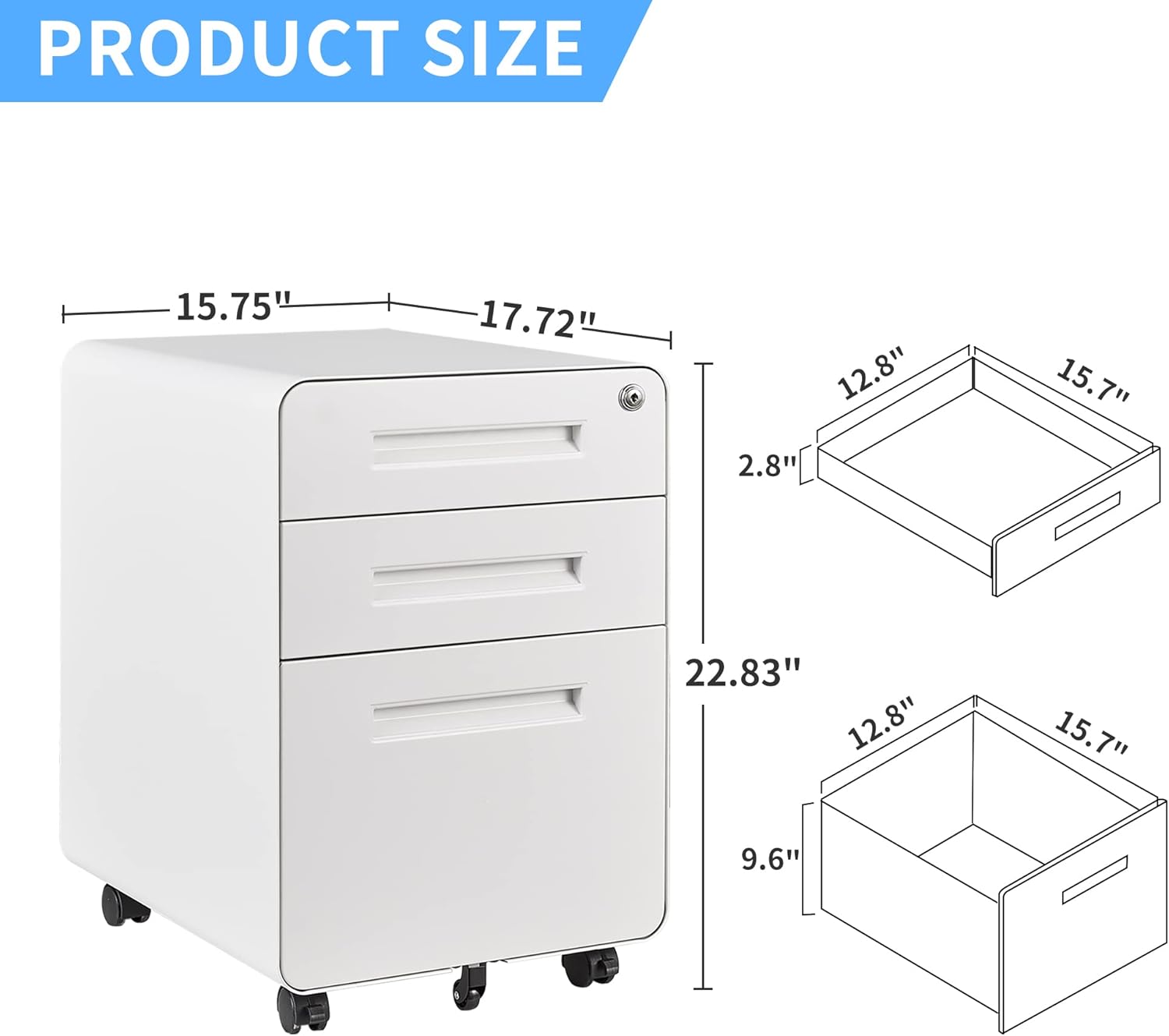 3 Drawer File Cabinet with Lock, Mobile, White N651