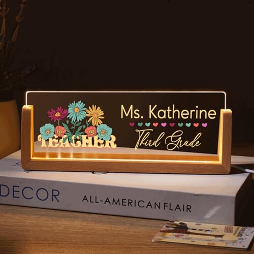 Personalized Teacher Desk Name Acrylic LED Light - Custom Teacher Desk Name Plate, Teacher Office Desk Decor, Teacher Name Sign, Teacher Gifts for Christmas Birthday, Teacher Plaques 19