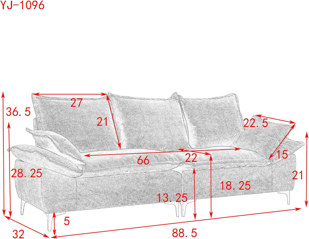 Modern 3-Seater Sofa with 2 Pillows, Grey C80070