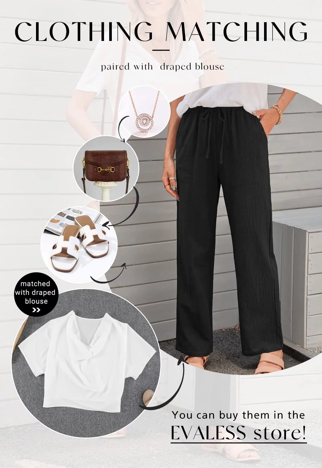 Linen Pants for Women Straight Leg Elastic Waist with Pockets W1755