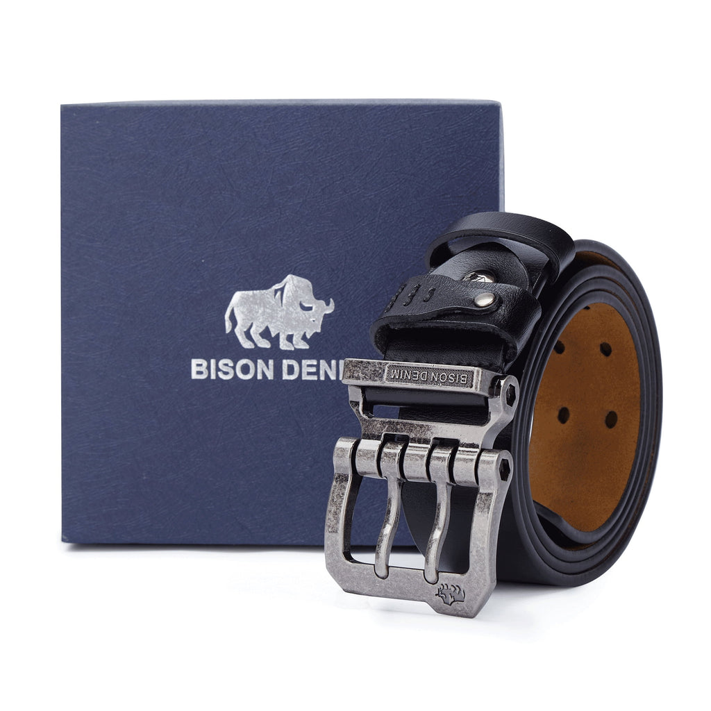 Men's Genuine Leather Dress Belt with Double Prong Buckle B1050