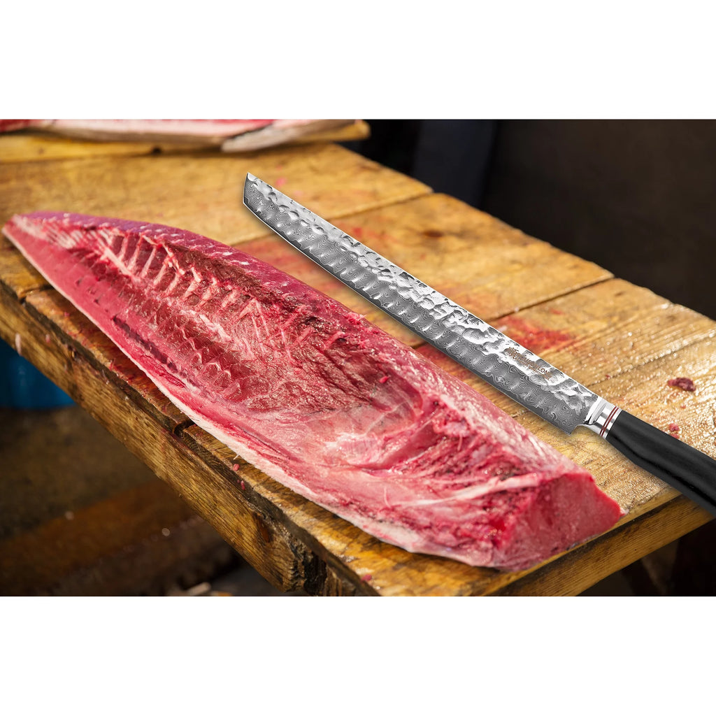 Sujihiki Knife 13 Inch - Japanese Damascus Steel Fillet Knife with Wood Handle and Leather Sheath U13692