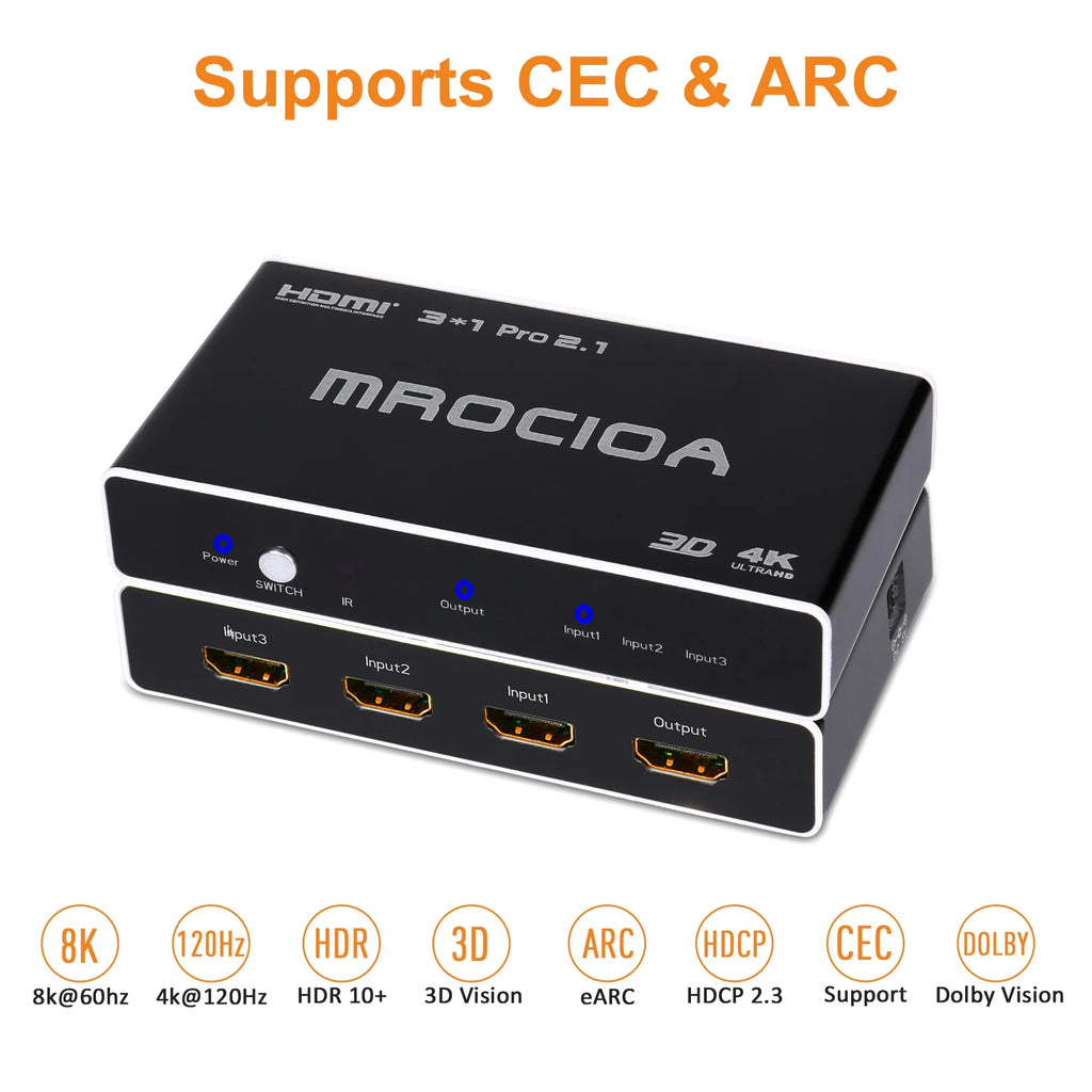 HDMI 2.1 Switch 8K 4K@120Hz 3-in-1 Out with IR Remote S603