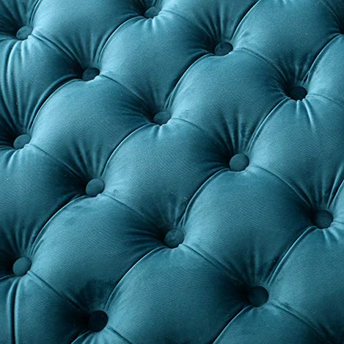 Button Tufted Velvet Ottoman, Dark Teal and Dark Brown B274106