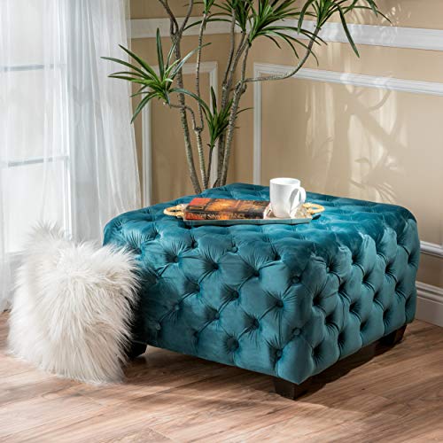 Button Tufted Velvet Ottoman, Dark Teal and Dark Brown B274106