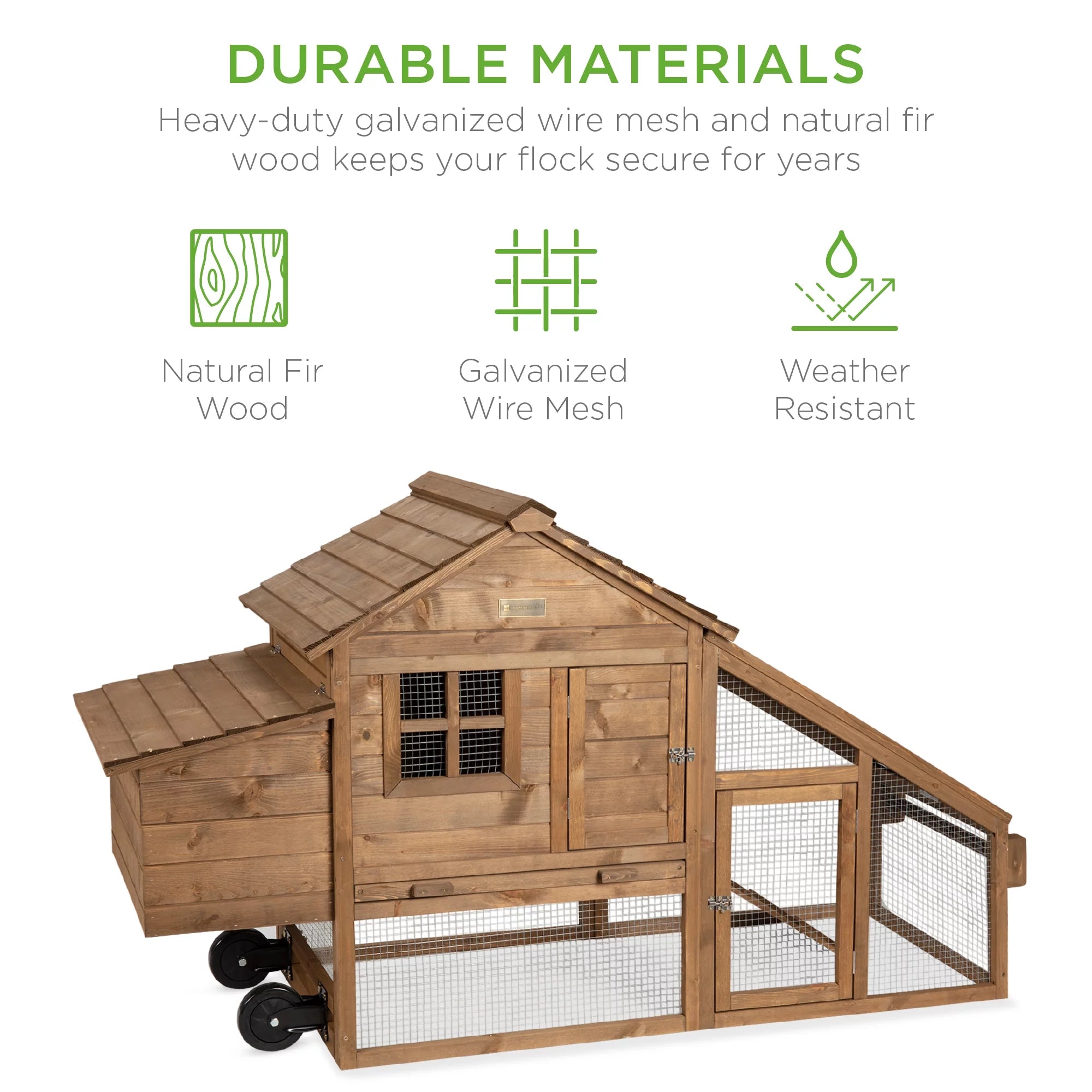 70in Fir Wood Chicken Coop Tractor Hen House with Wheels, 2 Doors, Nest Box P563183