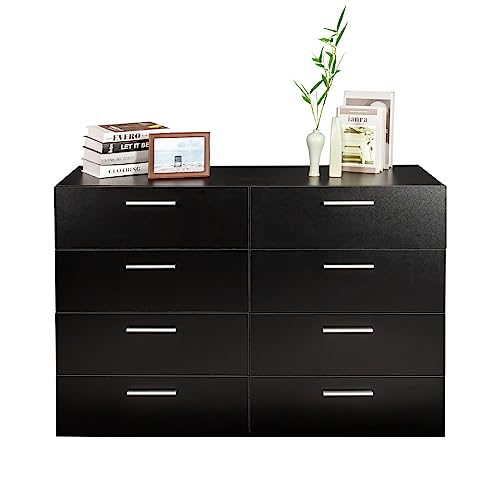 8 Drawer Double Dresser for Bedroom, Modern Black with Metal Handle S28707