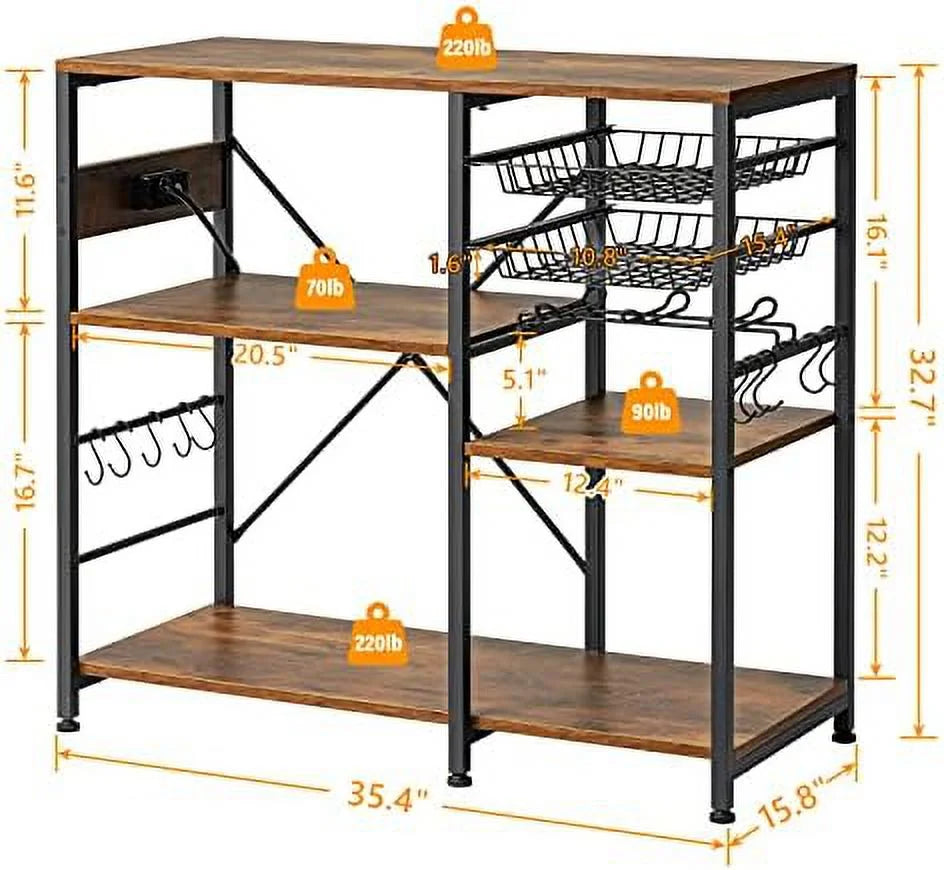 Kitchen Bakers Rack with Microwave Oven Stand, Wire Basket and 7 Hooks, Rustic Brown H5414