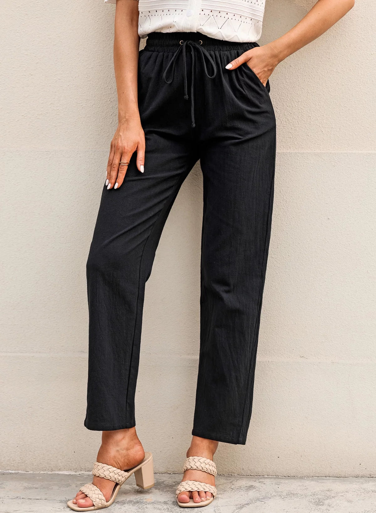 Linen Pants for Women Straight Leg Elastic Waist with Pockets W1755