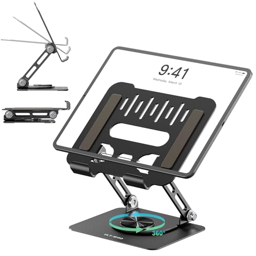 ULT-WIIQ Adjustable Tablet Stand for Desk iPad Swivel Stand with 360 Rotating Base Aluminum Foldable Portable iPad Table Stand Holder for iPad Pro/iPad Mini Tablets White