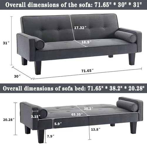 Futon Sofa Bed with Armrests, Folding Sleeper Couch, Solid Wood Legs, Light Grey L24965
