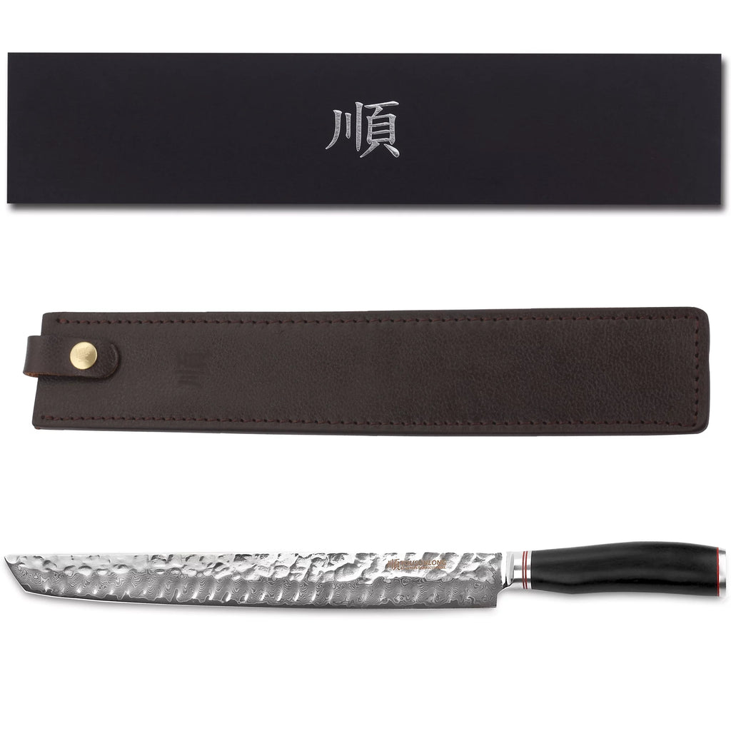 Sujihiki Knife 13 Inch - Japanese Damascus Steel Fillet Knife with Wood Handle and Leather Sheath U13692