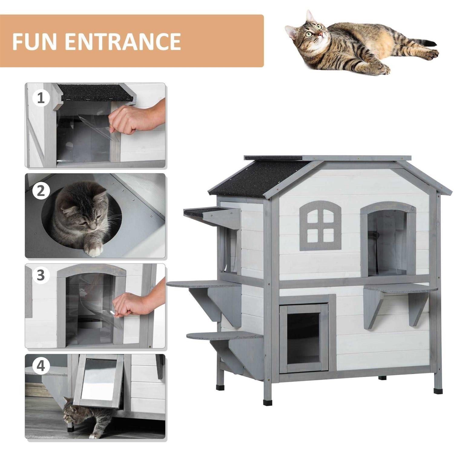 Wooden 2-Story Outdoor Cat House with Escape Door and Openable Roof Platforms R11509
