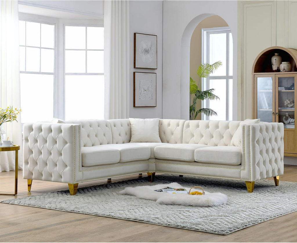 L-Shaped Velvet Corner Sofa with Metal Legs Y199839