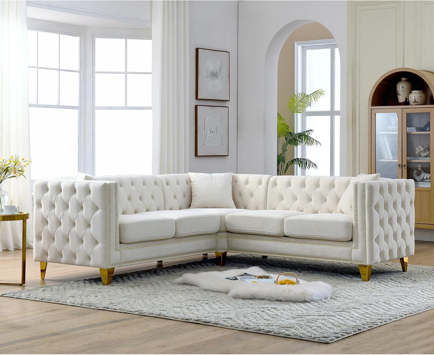 L-Shaped Velvet Corner Sofa with Metal Legs Y199839
