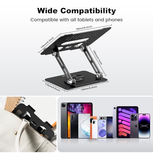 Adjustable Tablet Stand for Desk with 360 Rotating Base, Aluminum, Foldable, White S38174