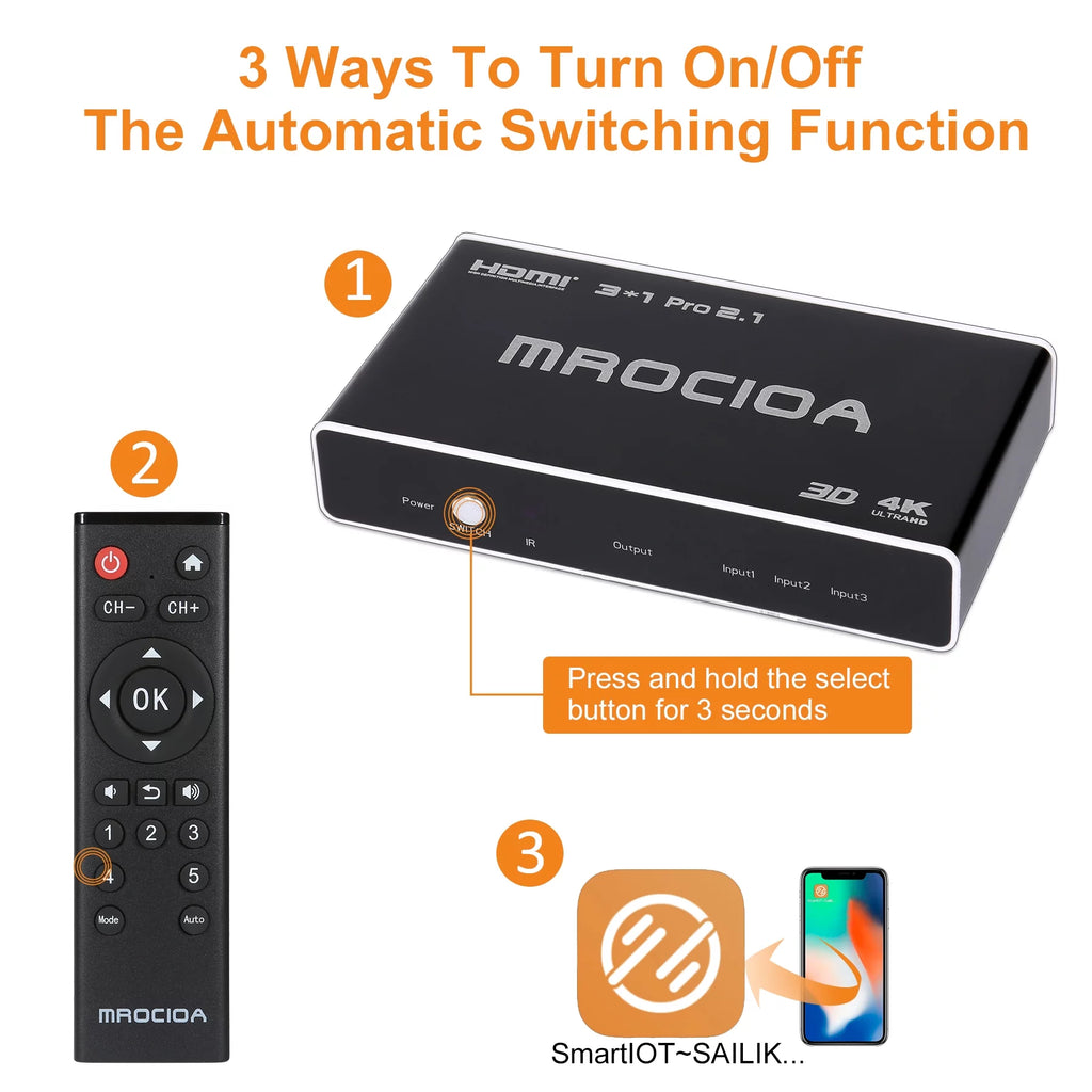 HDMI 2.1 Switch 8K 4K@120Hz 3-in-1 Out with IR Remote S603
