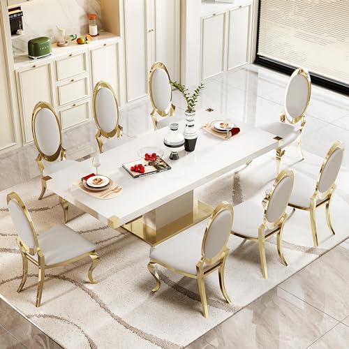 78" Dining Table Set for 8 with Gold Finish and PU Leather Chairs Q832
