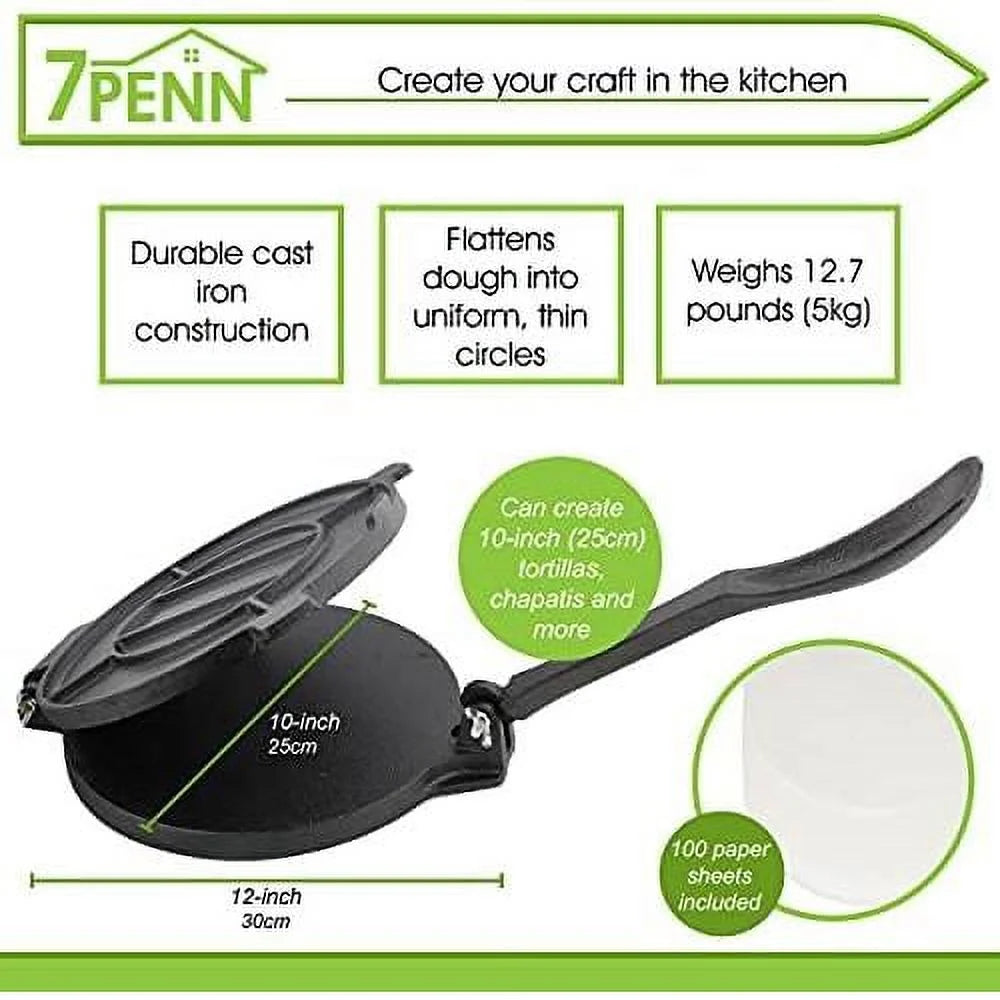 Cast Iron Tortilla Press 10 Inch with 100 Cooking Sheets E460