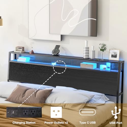 Metal Platform Bed Frame with LED Lights and Storage Drawers C706860