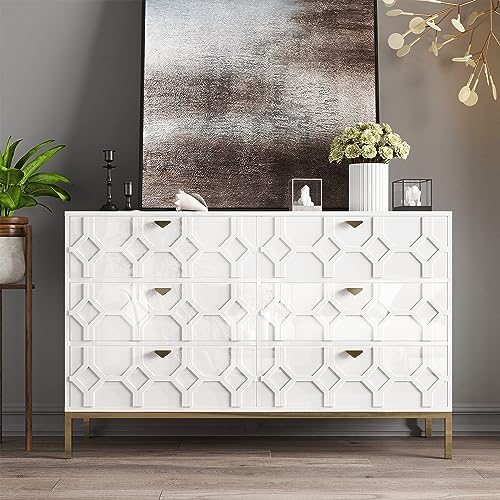 6 Drawer Double Dresser, Sideboard with 6 Drawers Modern Chest of Drawers Wood Dresser for Living Room, Home Office, Entryway, Blue