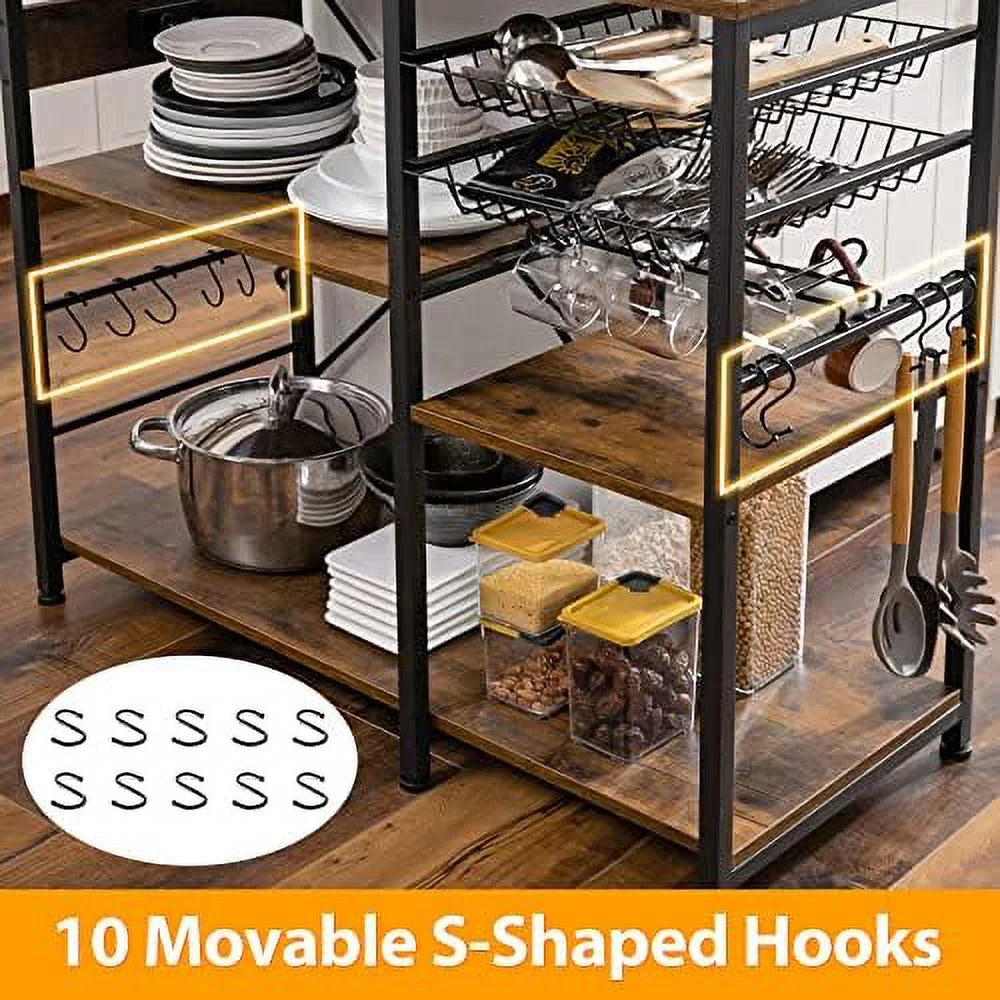 Kitchen Bakers Rack with Microwave Oven Stand, Wire Basket and 7 Hooks, Rustic Brown H5414