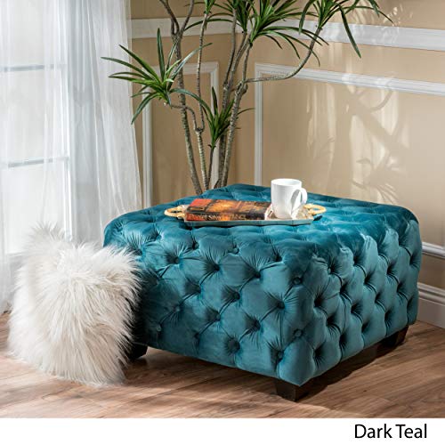 Button Tufted Velvet Ottoman, Dark Teal and Dark Brown B274106