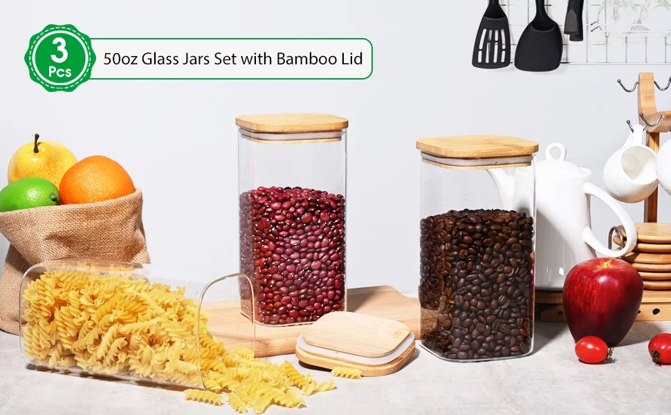 Glass Storage Jars with Bamboo Lids, 50oz, 3 Pack Z129