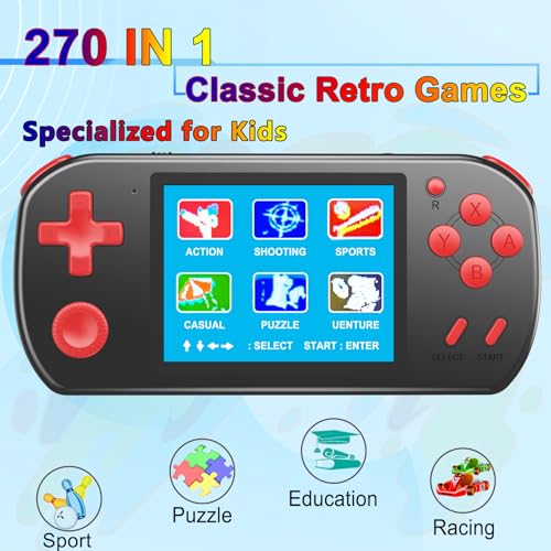 Handheld Game Console with 270 Classic Retro Games, 3 Inch Color Screen, TV Output, Rechargeable, 2 Players E5381